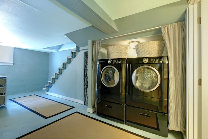Laundry and kitchen in converted basement
