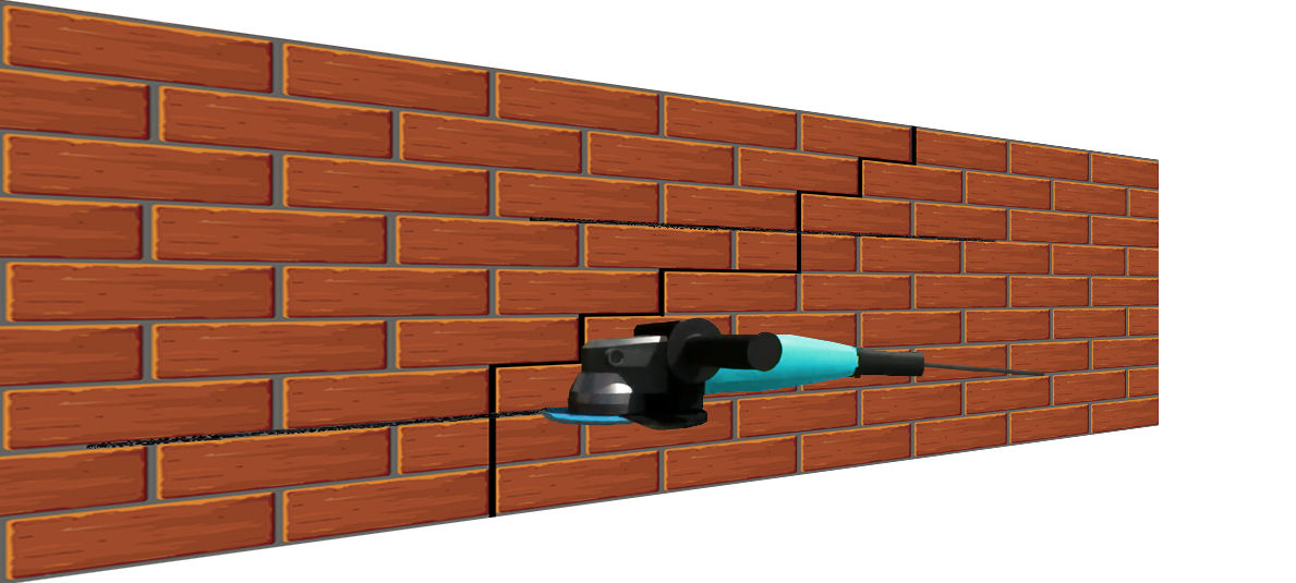 Crack in a brick wall with angle grinder