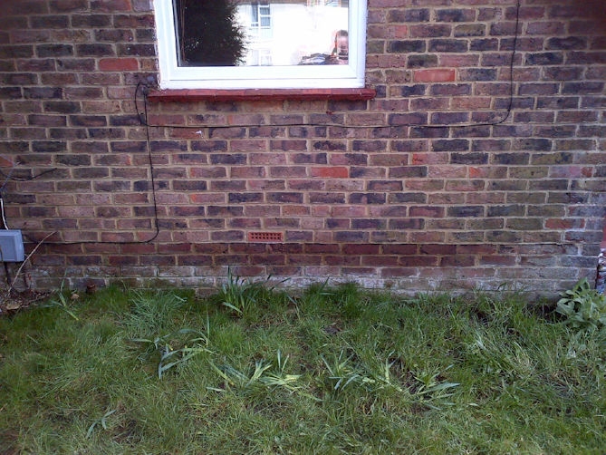 Rising damp on exterior brick wall