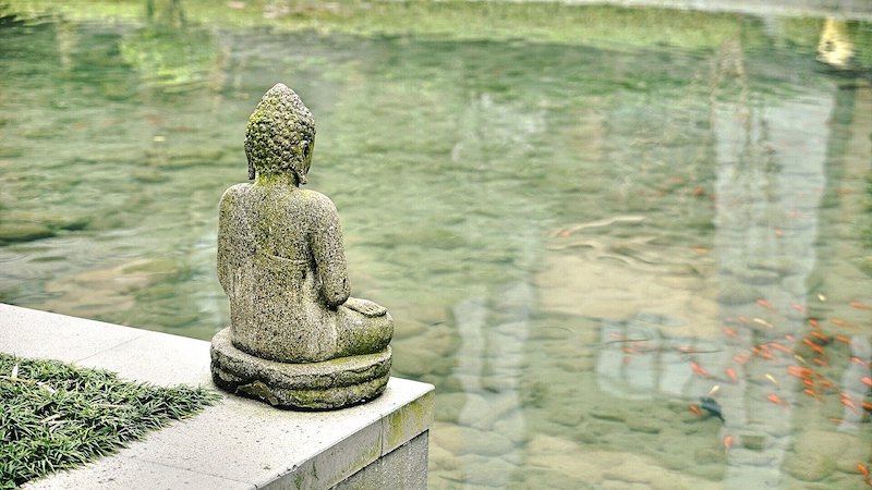 buddha water feature in sunken patio